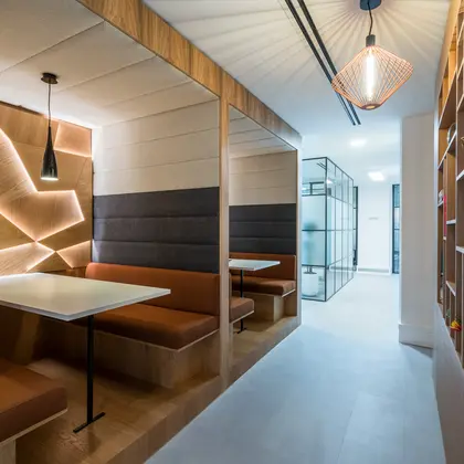 conference room with timber-panelled ceiling and wall finish