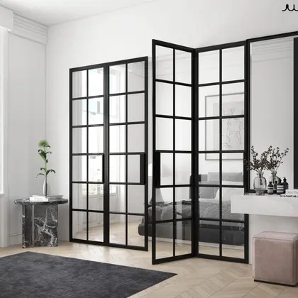 black-framed glass interior partitioning between rooms